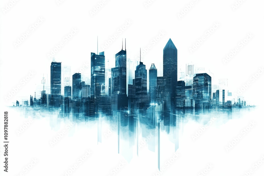 Obraz premium Abstract cityscape, digital, reflected, blue hues.