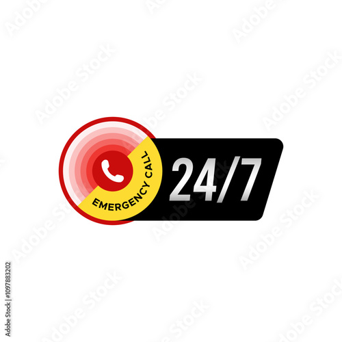 Emergency call twenty four hours with phone icon banner label in trendy color. . Vector design for help, service, support, online, marketing, web or social media.