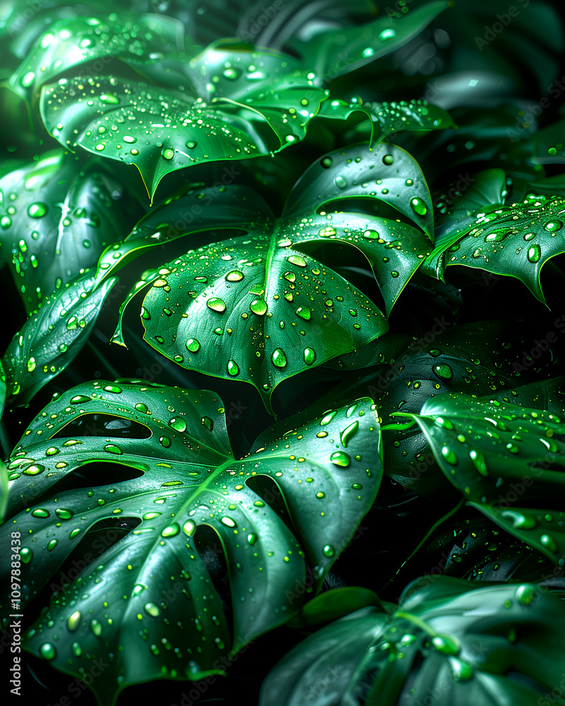 Fototapeta premium A lush green plant with droplets of water on its leaves