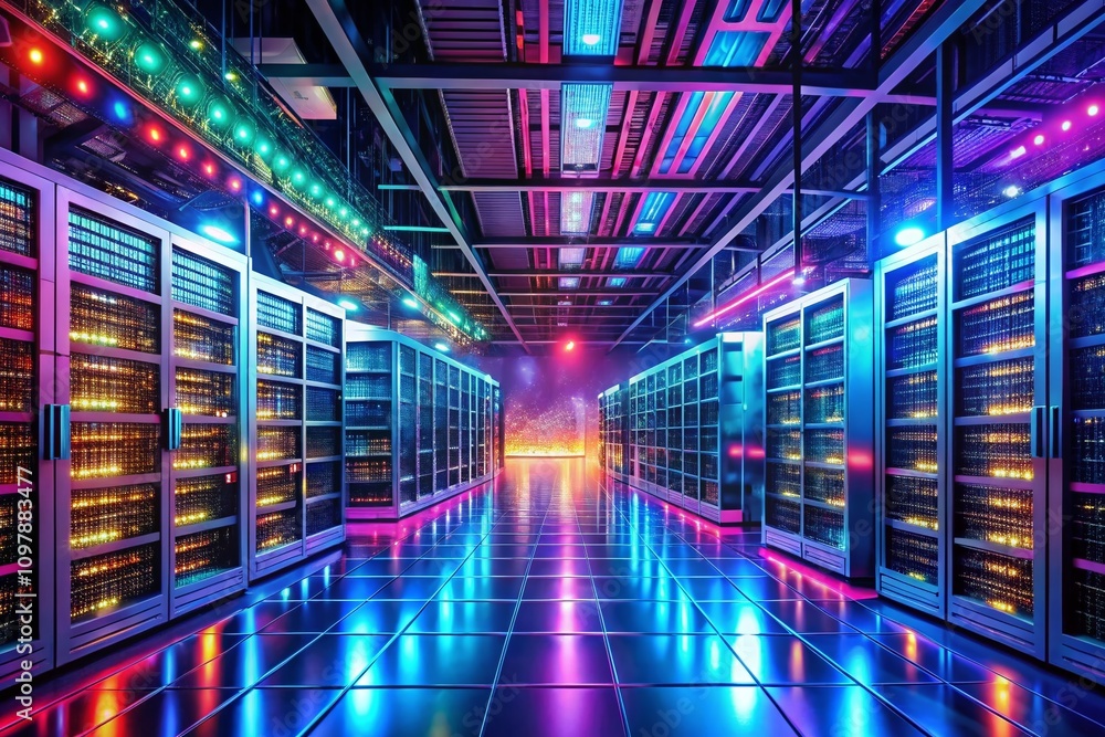 Obraz premium Futuristic Data Center with Cryptocurrency Mining Rigs, IoT Cloud Visualization, and High-Tech Infrastructure in a Dynamic Digital Environment