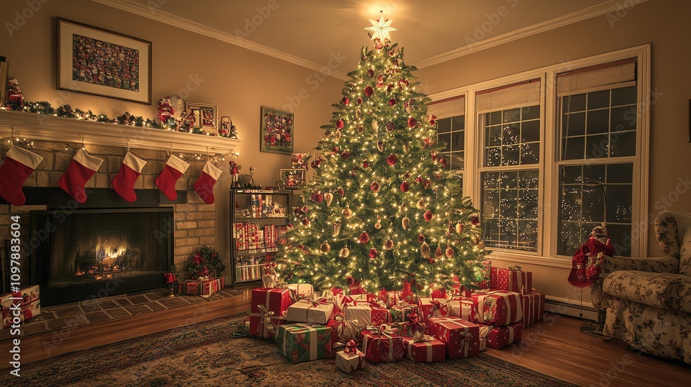 Obraz premium Festive Christmas Tree with Gifts and Fireplace filled with gifts under the tree