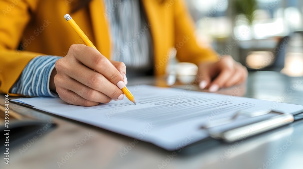 Woman in Yellow Jacket Filling Out Form With Pencil Woman in Yellow Jacket Filling Out Form With Pencil