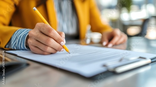 Woman in Yellow Jacket Filling Out Form With Pencil