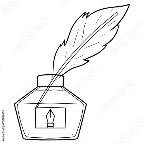 quill pen and bottle ink illustration hand drawn outline vector