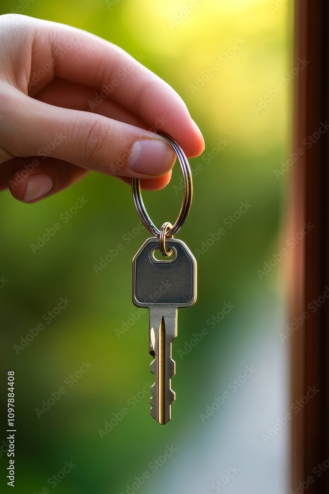 Hand Holding a House Key on a Ring, Concept of New Home Purchase Background With Copy Space Hand Holding a House Key on a Ring, Concept of New Home Purchase Background With Copy Space