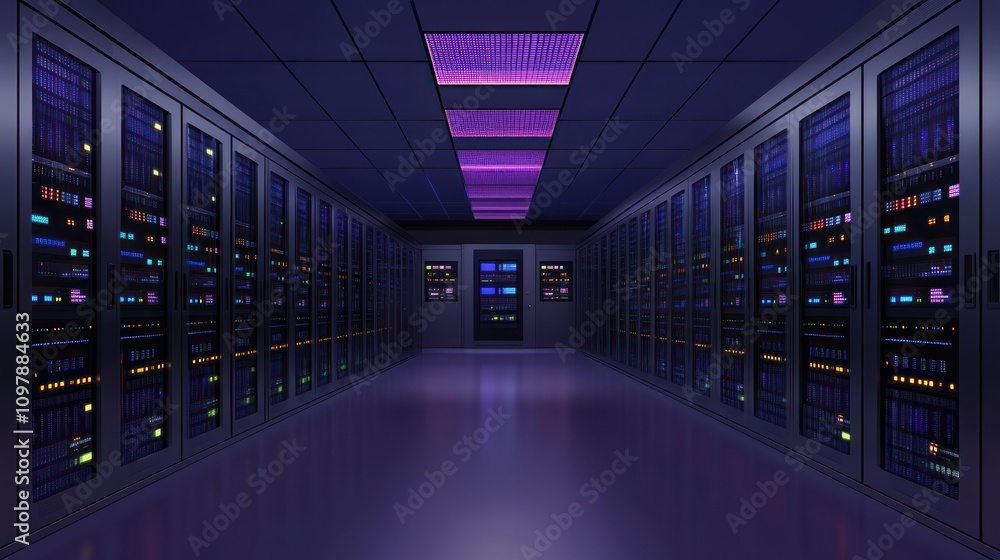A modern server room with rows of servers and colorful lights, designed for data storage. A modern server room with rows of servers and colorful lights, designed for data storage.