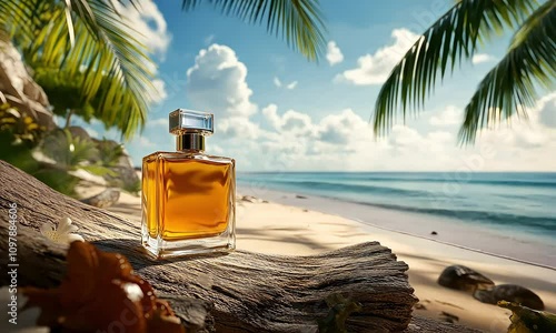 Animation of A bottle of amber perfume sits on driftwood on a tropical beach