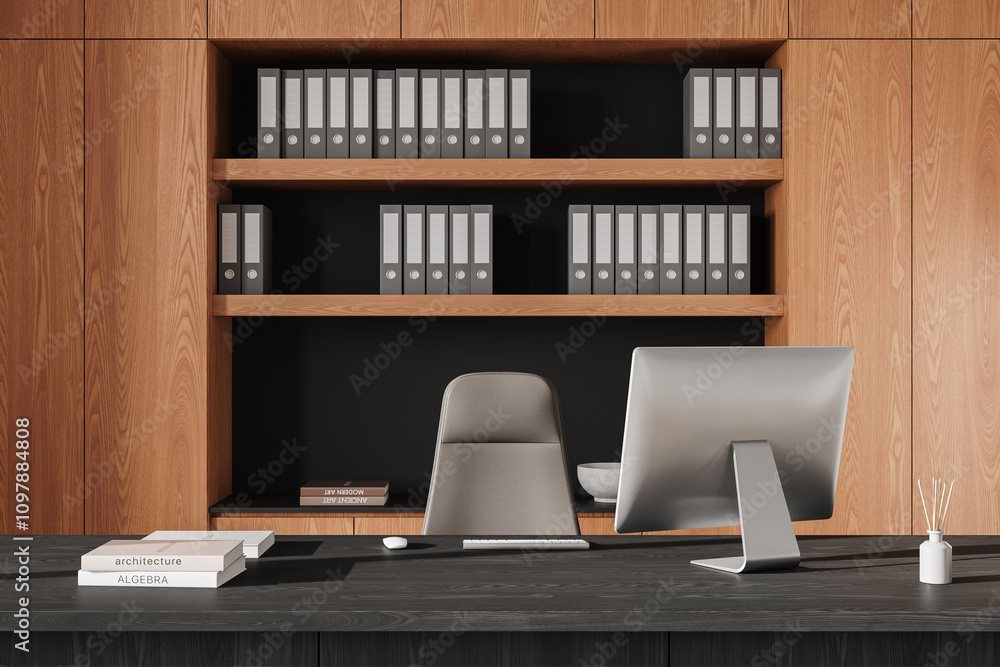 Modern CEO office setup with sleek workspace, wooden shelves, and organized folders on a minimalist desk with a computer and books. 3D Rendering Modern CEO office setup with sleek workspace, wooden shelves, and organized folders on a minimalist desk with a computer and books. 3D Rendering