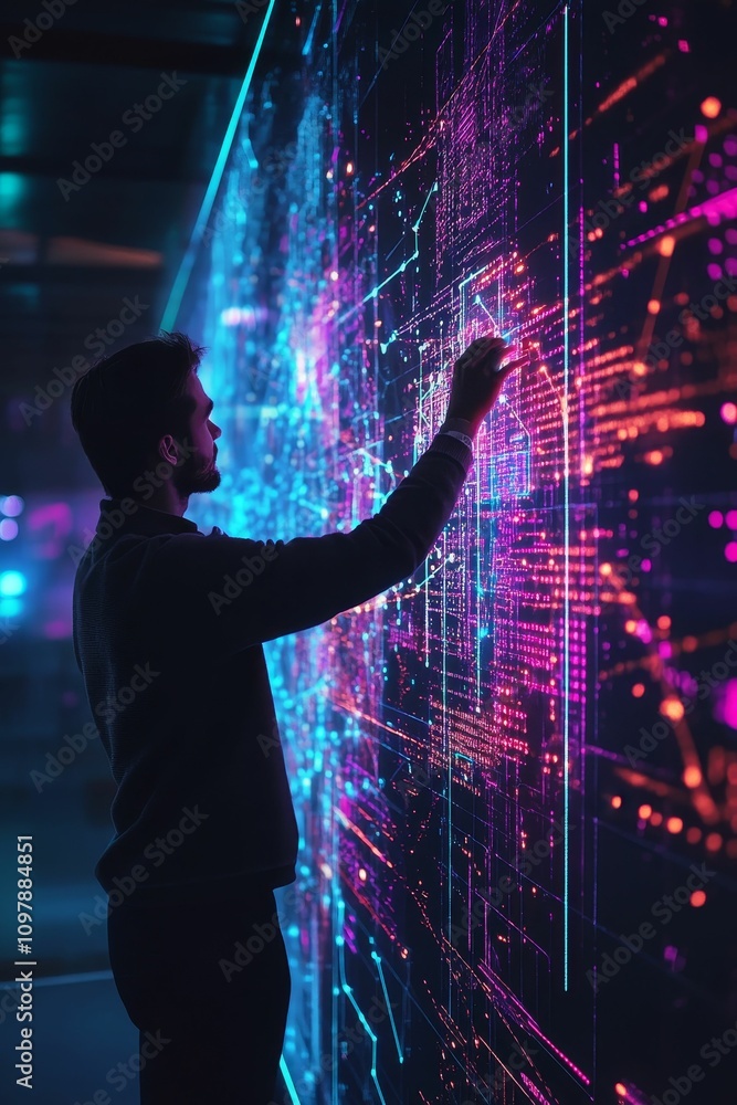 Man interacts with vibrant digital interface. Man interacts with vibrant digital interface.