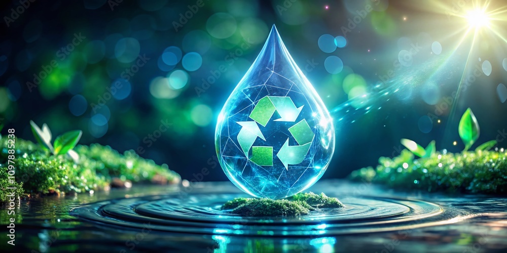 Futuristic Water Recycling Concept Featuring Glowing Low-Polygonal Water Drop and Recycle Symbol in a High-Tech Environment Captured by Drone Photography for Sustainability Futuristic Water Recycling Concept Featuring Glowing Low-Polygonal Water Drop and Recycle Symbol in a High-Tech Environment Captured by Drone Photography for Sustainability
