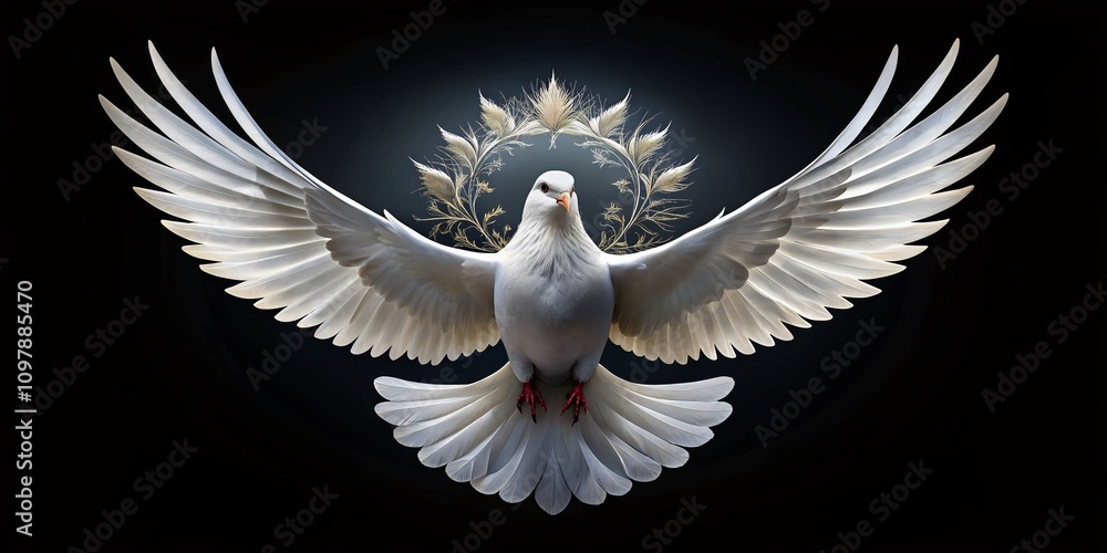 Obraz premium Generative AI Illustration of a White Dove in Double Exposure Against Ornamental Elements for International Day of Peace Celebration on a Striking Black Background