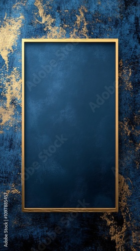Elegant gold frame mock up against a textured blue backdrop for artistic display. Generative AI