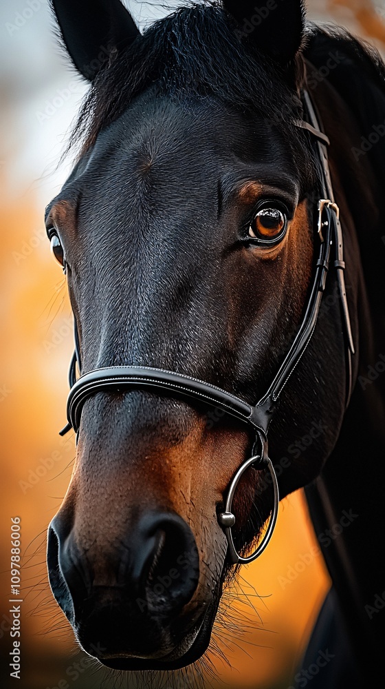 Fototapeta premium Dramatic portrait of a dark horse against a warm sunset backdrop. Generative AI