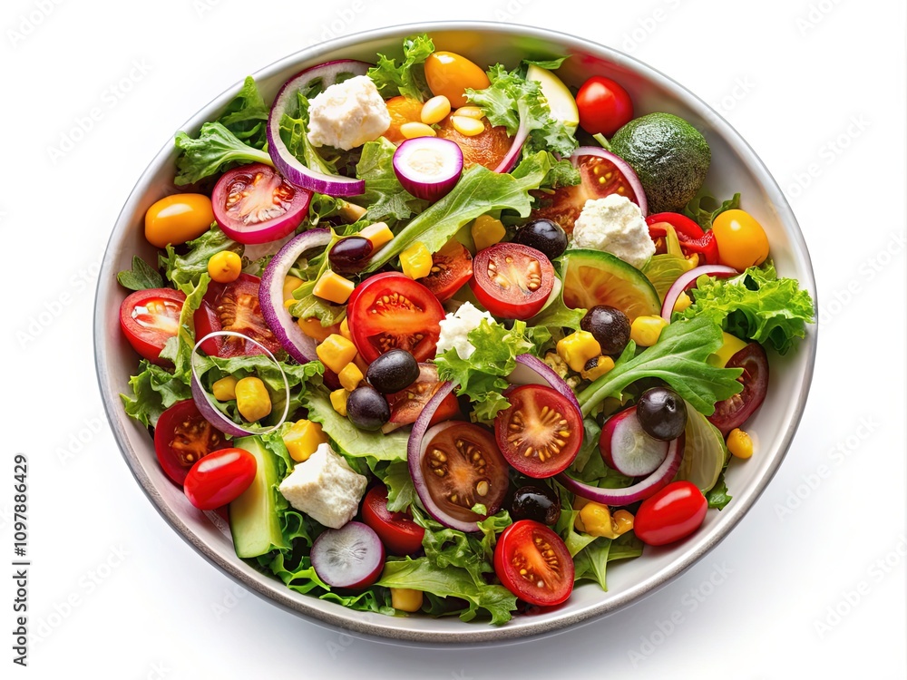 Aerial View Delicious Salad Bowl, Isolated White Background, Food Photography Aerial View Delicious Salad Bowl, Isolated White Background, Food Photography