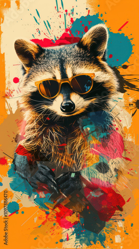 Obraz na płótnie Retro Raccoon Vibes - Cool Guy with Sunglasses w salonie