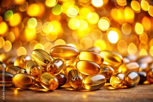 Golden Omega-3 Fish Oil Capsules on a Bokeh Background, Highlighting Dietary Wellness and Supplement Benefits for Healthy Living and Nutrition