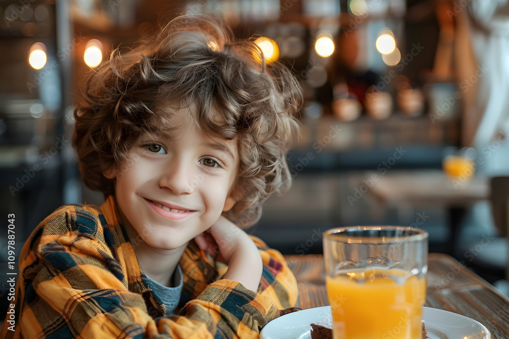 cute cheerful curly boy sitting in cafe in cafe with piece of cake and orange juice cute cheerful curly boy sitting in cafe in cafe with piece of cake and orange juice