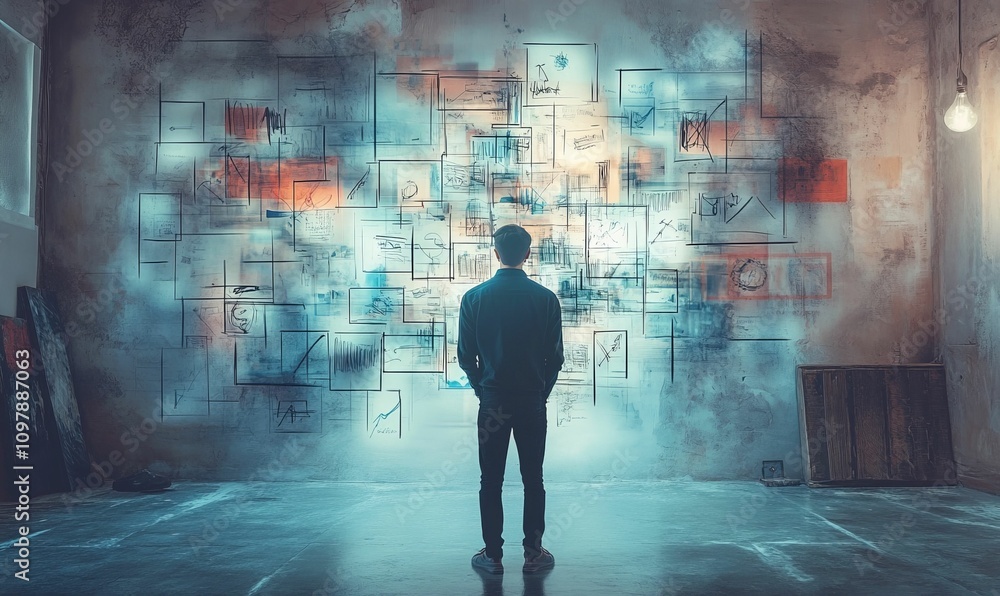 Man contemplates large abstract wall design. Man contemplates large abstract wall design.