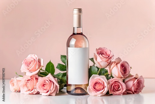Elegant rose wine bottle mockup with a blank label surrounded by soft pink roses on a pastel background. Perfect for Valentine's Day, weddings, or romantic projects.