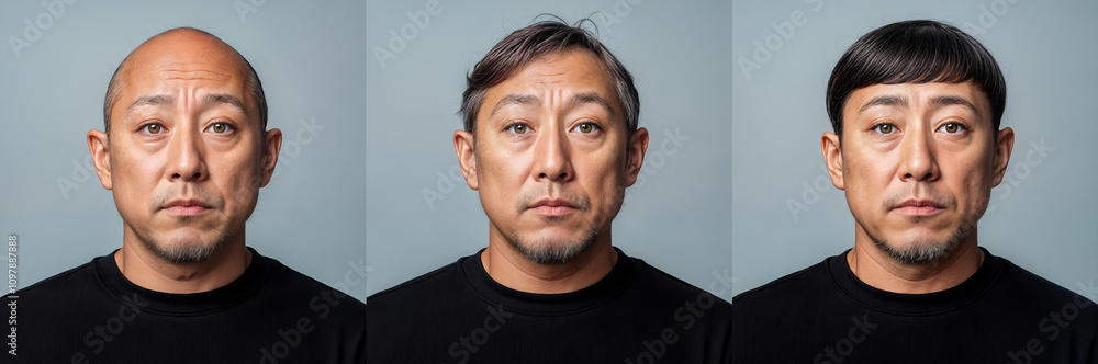 Fototapeta premium before and after hairstyle transformation of bald middle-aged asian man