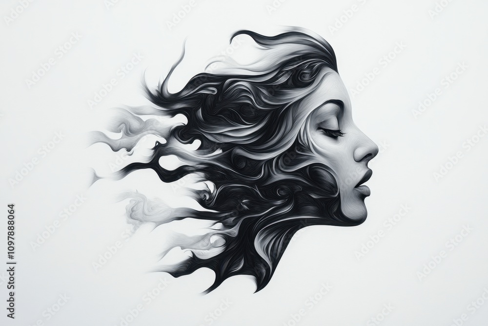 Elegant black and white abstract portrait of a woman with flowing hair Elegant black and white abstract portrait of a woman with flowing hair
