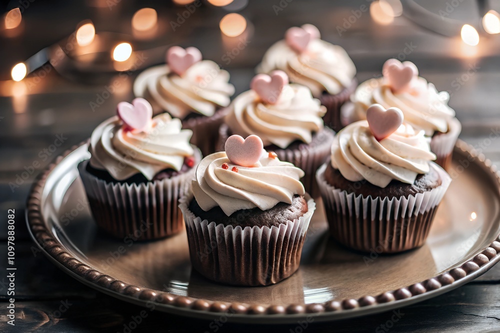Chocolate cupcakes with white frosting and pale pink heart toppers, served on a vintage metal tray. A warm, romantic scene with glowing fairy lights and copy space for text. Chocolate cupcakes with white frosting and pale pink heart toppers, served on a vintage metal tray. A warm, romantic scene with glowing fairy lights and copy space for text.