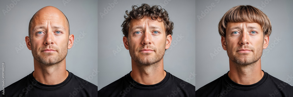 Three portraits of the same middle aged bald man before and after wig or hairstyle change Three portraits of the same middle aged bald man before and after wig or hairstyle change