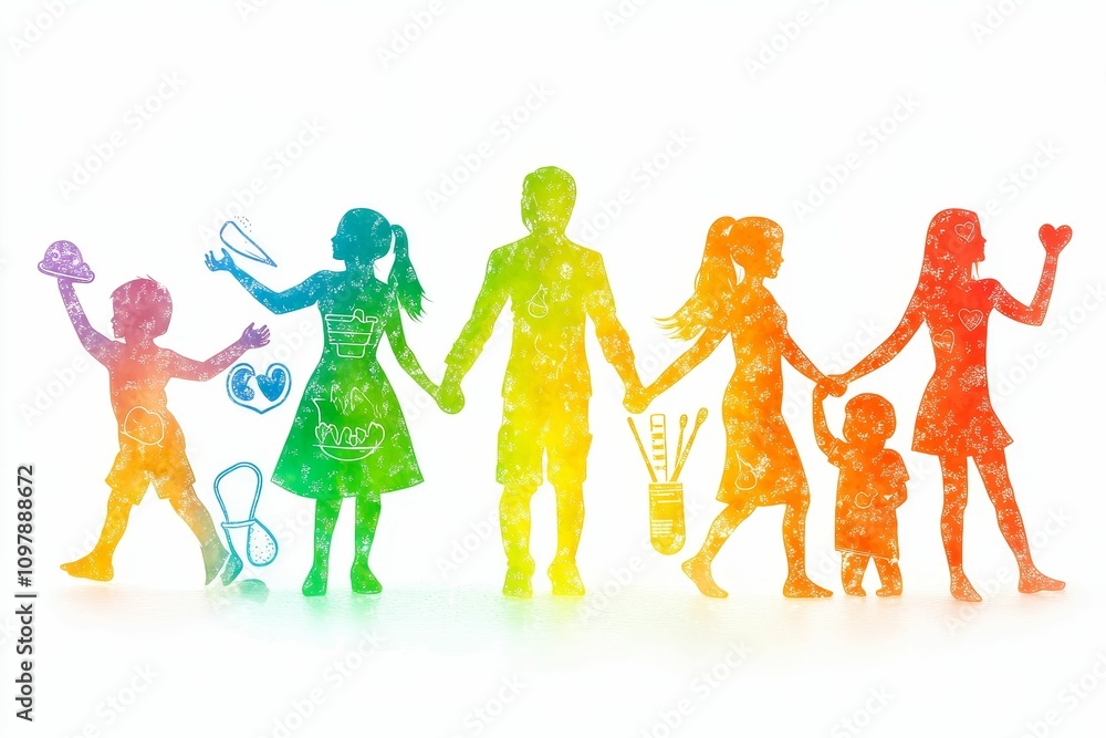 Obraz premium Rainbow family silhouettes holding hands, joyful.