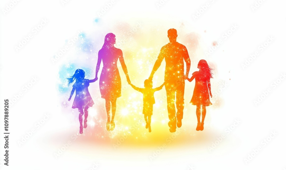 Obraz premium Colorful family silhouette, joyful, holding hands.
