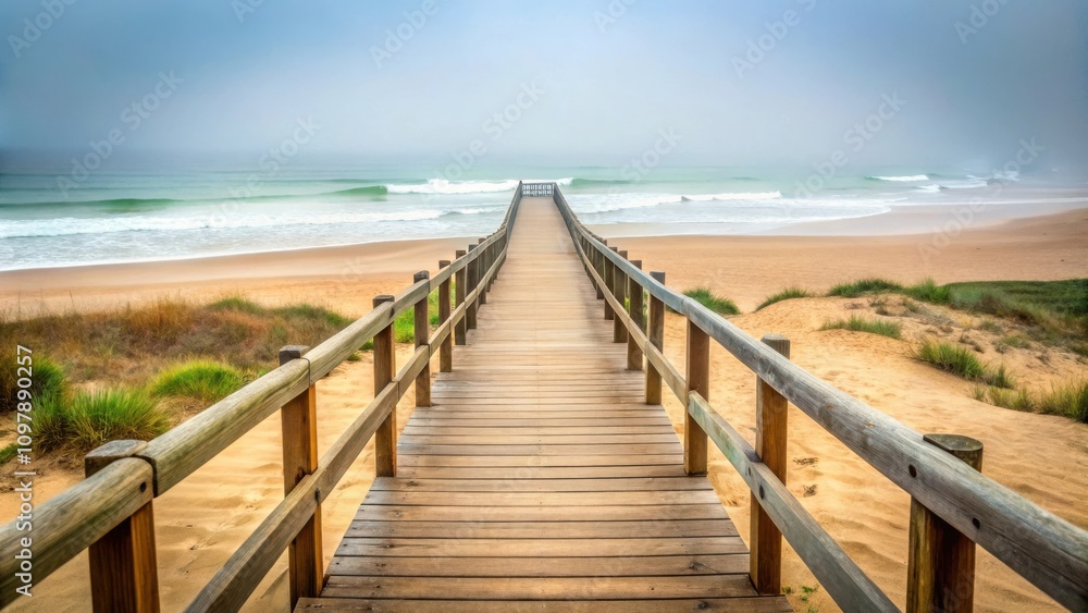 A wooden boardwalk leading to the misty ocean with soft waves rolling in on a sandy beach A wooden boardwalk leading to the misty ocean with soft waves rolling in on a sandy beach