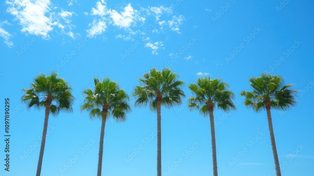 Naklejka premium Five Palm Trees Against a Blue Sky