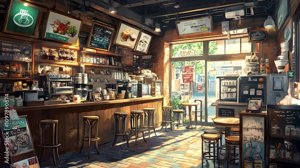 Naklejka premium Cozy coffee shop interior with warm, inviting lighting and rustic wooden decor.