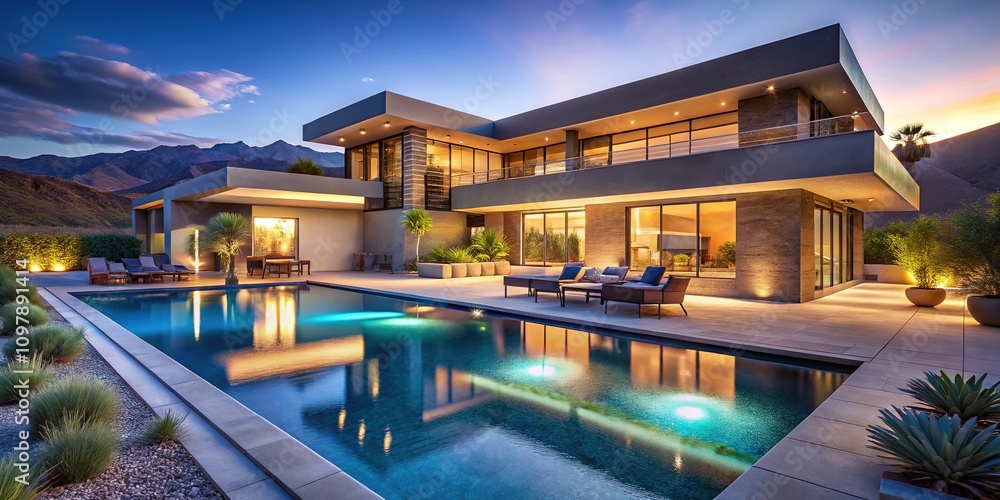 Fototapeta premium Modern Desert Mansion Pool Night - High Detail, Deep Focus