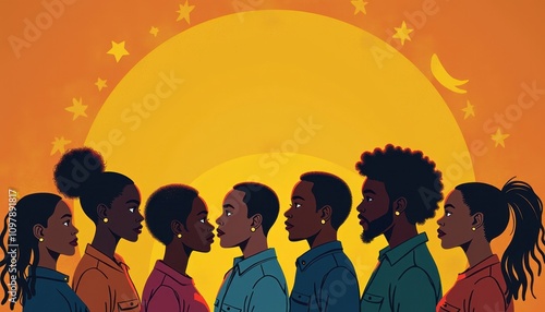 Black History Month celebration poster. BHM Wallpaper. African-American people background in warm colors 2D drawing art style photo