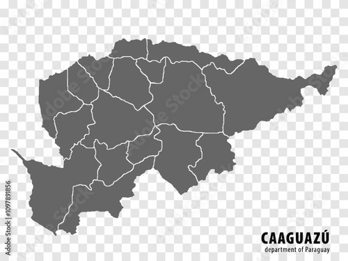 Blank map Caaguazu Department of Paraguay. High quality map Department  of Caaguazu with districts on transparent background for your web site design, logo, app, UI.  Republic of Paraguay.  EPS10.