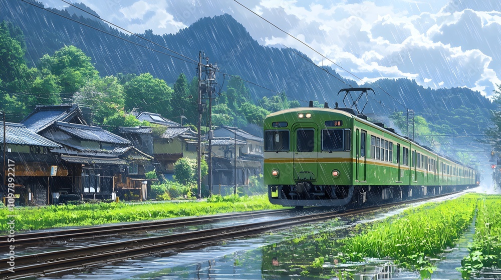 Obraz premium A green commuter train travels through a rain-soaked countryside landscape.
