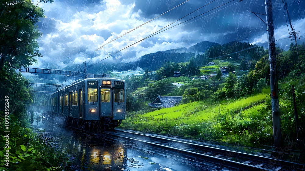 Obraz premium A serene blue train travels through a lush green landscape during a rainstorm.