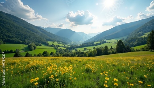 Bright sun shining through clouds on mountainous landscape