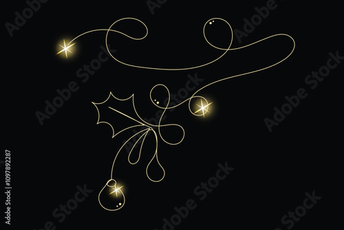 Line Art with Gold Glitter Stars. Luxury Rich Glamour Invitation Card. line Art Isolated on Black. Shine Gold Light Texture Effect. Glowing Blink Star Christmas Holiday Gift.