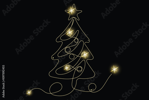 Line Art with Gold Glitter Stars. Luxury Rich Glamour Invitation Card. line Art Isolated on Black. Shine Gold Light Texture Effect. Glowing Blink Star Christmas Holiday Gift.
