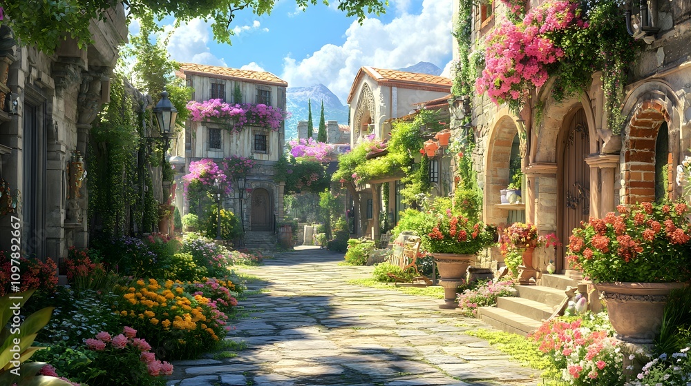 Fototapeta premium Charming village street adorned with vibrant flowers and lush greenery.