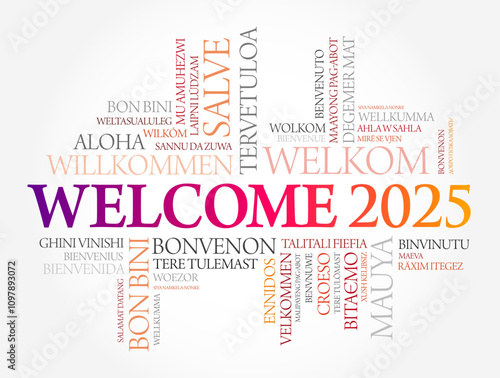 WELCOME 2025 word cloud in different languages, conceptual background