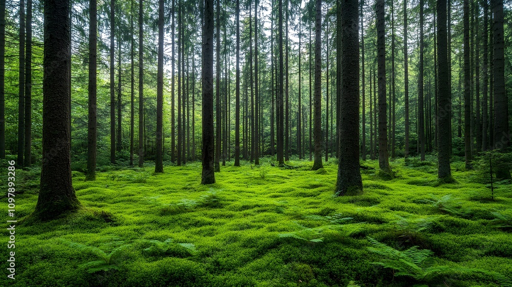 Obraz premium Lush green forest with vibrant moss and tall trees creating a serene atmosphere.