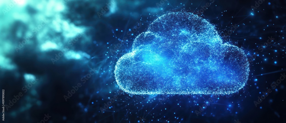 A digital cloud symbol composed of glowing particles against a dark background. A digital cloud symbol composed of glowing particles against a dark background.