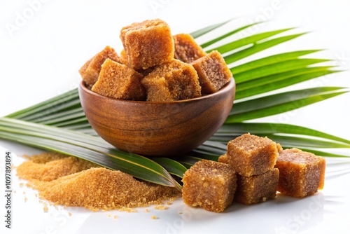 High-Quality Product Photography of Palm Sugar or Jaggery, Showcasing Raw Sugar in a Clean, Isolated Setting on a White Background for Culinary and Health Uses photo