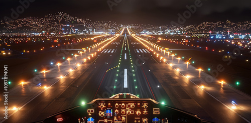 A nighttime landing from the perspective of a cockpit approaching a runway. The runway lights should be vividly illuminated, with white centerline lights guiding the path. photo