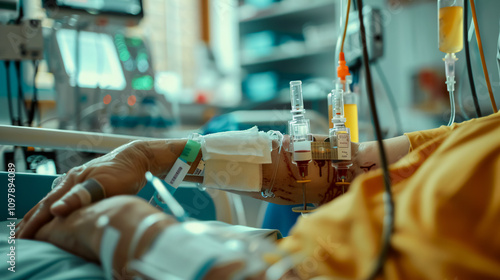 Patient getting a blood transfusion in a hospital clinic.