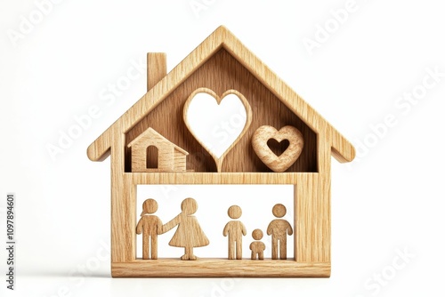 Wooden house, family figures, two hearts. photo