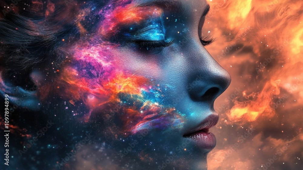Surreal Close-up Digital Artwork of a Woman with Galaxy Effects Surreal Close-up Digital Artwork of a Woman with Galaxy Effects