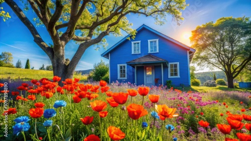 A blue house with white trim stands nestled amidst a vibrant flower garden, bathed in the golden light of a summer sunset.